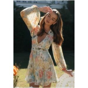 Boho V-neck Turquoise Floral Print Ruffles Mini Dress